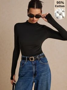 Poéselle Women High Stretch Knit 100 Cotton Black Turtleneck T-Shirt Solid Basic Layering Top Versatile Four Season Back To School Wardrobe Staple Everyday - Black - View 7