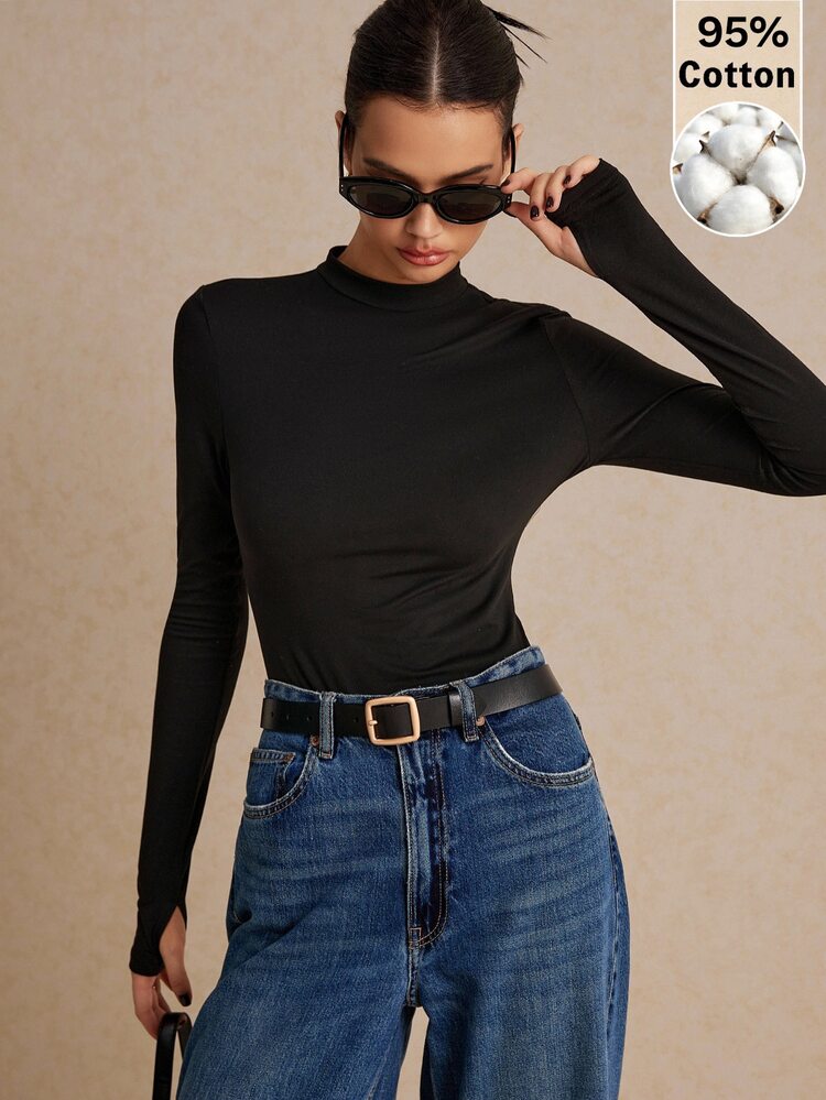 Poéselle Women High Stretch Knit 100 Cotton Black Turtleneck T-Shirt Solid Basic Layering Top Versatile Four Season Back To School Wardrobe Staple Everyday - Black - View 6