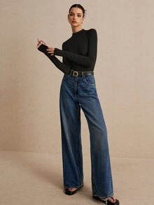 Poéselle Women High Stretch Knit 100 Cotton Black Turtleneck T-Shirt Solid Basic Layering Top Versatile Four Season Back To School Wardrobe Staple Everyday - Black - View 6
