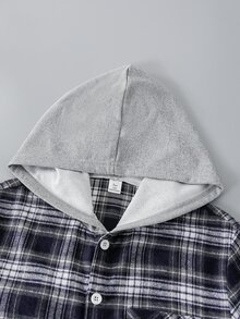 13-16歲青少年男孩格紋連帽鈕扣襯衫，長袖口袋襯衫外套，休閒學院風春夏秋冬日常上學聚會外套 - 灰色 - 查看 3