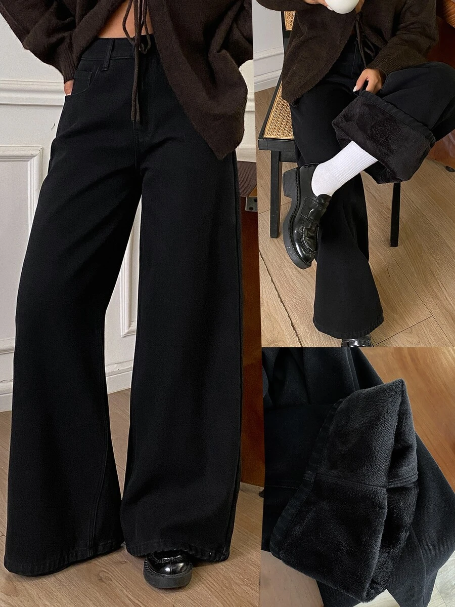 DAZY Women's Winter Casual Versatile Thermal Lined Wide Leg Jeans - Black - View 1