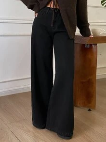 DAZY Women's Winter Casual Versatile Thermal Lined Wide Leg Jeans - Black - View 2