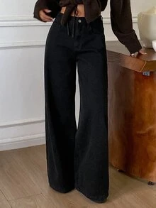 DAZY Women's Winter Casual Versatile Thermal Lined Wide Leg Jeans - Black - View 6