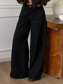 DAZY Women's Winter Casual Versatile Thermal Lined Wide Leg Jeans - Black - View 5