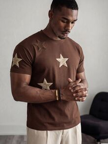 Mainfolk Men's Gothic Punk Brown Checkered Star Knitted Short Sleeve T-Shirt, Regular Fit Round Neck Graphic Tee For Summer, Casual Work, Avant-Garde Style Top, Football - Coffee Brown - View 2