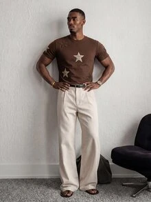 Mainfolk Men's Gothic Punk Brown Checkered Star Knitted Short Sleeve T-Shirt, Regular Fit Round Neck Graphic Tee For Summer, Casual Work, Avant-Garde Style Top, Football - Coffee Brown - View 1
