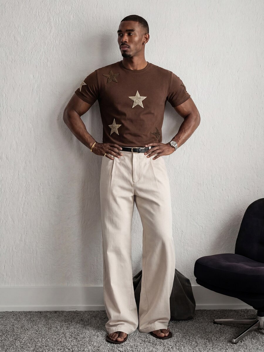 Mainfolk Men's Gothic Punk Brown Checkered Star Knitted Short Sleeve T-Shirt, Regular Fit Round Neck Graphic Tee For Summer, Casual Work, Avant-Garde Style Top, Football - Coffee Brown - View 1