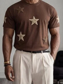 Mainfolk Men's Gothic Punk Brown Checkered Star Knitted Short Sleeve T-Shirt, Regular Fit Round Neck Graphic Tee For Summer, Casual Work, Avant-Garde Style Top, Football - Coffee Brown - View 4