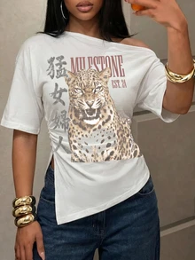 Slaydiva New Summer/Fall Women's Asymmetrical Hem One Shoulder Short Sleeve Top/Back To School/Streetwear/95%Cotton/Mandarin "Fierce Woman" & Leopard Pattern - Multicolor - View 1