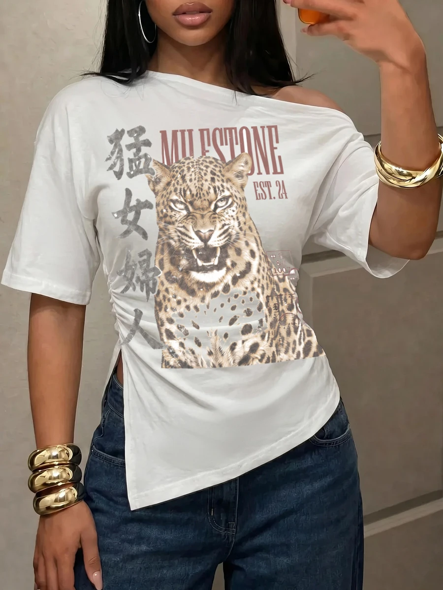 Slaydiva New Summer/Fall Women's Asymmetrical Hem One Shoulder Short Sleeve Top/Back To School/Streetwear/95%Cotton/Mandarin "Fierce Woman" & Leopard Pattern - Multicolor - View 1