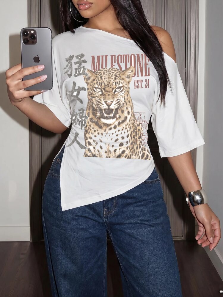 Slaydiva New Summer/Fall Women's Asymmetrical Hem One Shoulder Short Sleeve Top/Back To School/Streetwear/95%Cotton/Mandarin "Fierce Woman" & Leopard Pattern - Multicolor - View 8