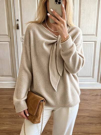 Weeklong 2026 New Round Neck Tie-Up Knit Loose Long Sleeve T-Shirt, Casual Fashion T-Shirt For Daily Wear, Streetwear And Afternoon Tea Fall