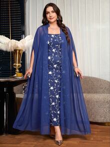 Reflora Plus Size Vintage Spaghetti Strap Dress With Jacket 2 Pieces Set - Navy Blue - View 3