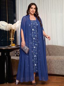 Reflora Plus Size Vintage Spaghetti Strap Dress With Jacket 2 Pieces Set - Navy Blue - View 4