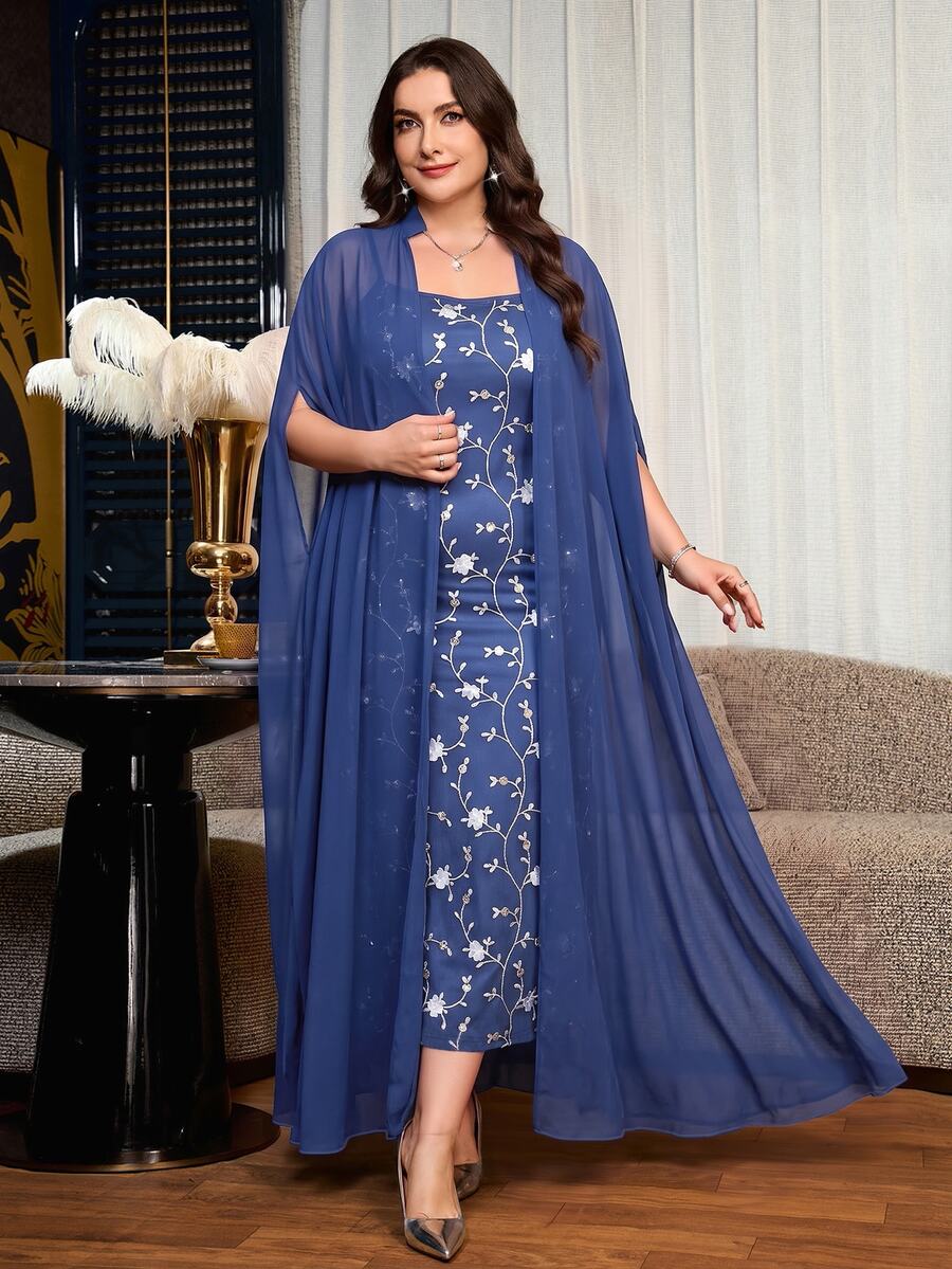 Reflora Plus Size Vintage Spaghetti Strap Dress With Jacket 2 Pieces Set - Navy Blue - View 1
