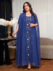 Reflora Plus Size Vintage Spaghetti Strap Dress With Jacket 2 Pieces Set - Navy Blue - View 8