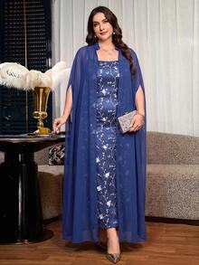 Reflora Plus Size Vintage Spaghetti Strap Dress With Jacket 2 Pieces Set - Navy Blue - View 5
