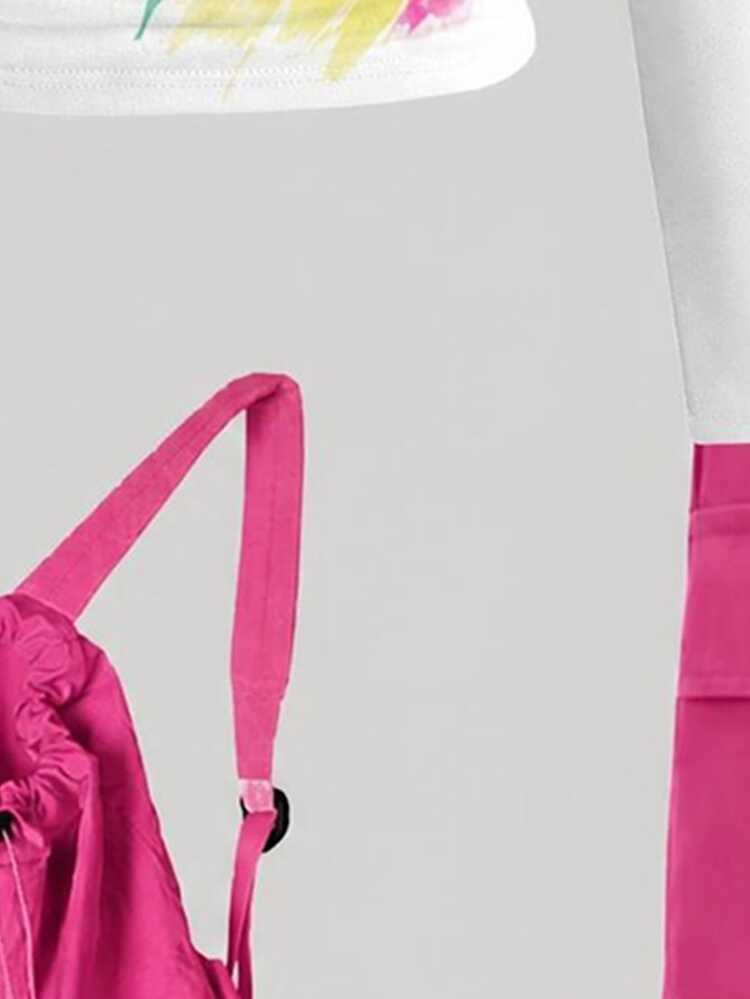1 Set Watercolor Floral Digital Print Girls Big Kids Long Sleeve Slim Fit Top And Fuchsia Straight Leg Pants Set, Fuchsia Cargo Pants, Suitable For Autumn/Winter, Fashion Casual - Multicolor - View 5