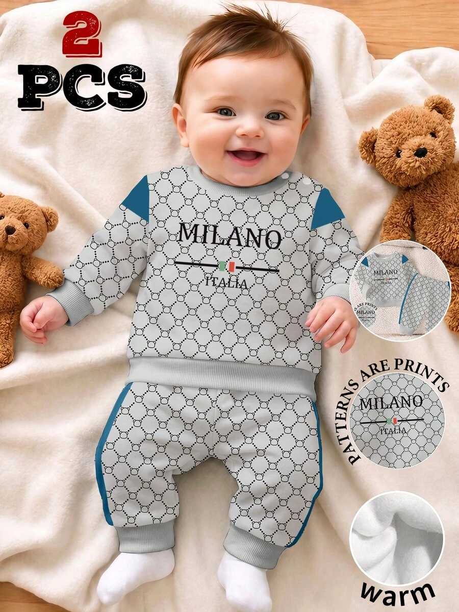 2pcs Newborn Baby Sets Cute Grey Navy Bear Monogram Letter Print Long Sleeve Shoulder Button Autumn Fall Coming Milestone,1 Random Set - Multicolor - View 1