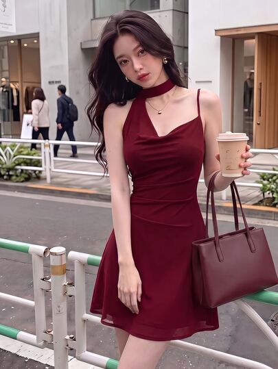 Skyraze Gaun Mini Wanita Warna Burgundy Elegan untuk Kencan Musim Panas, Dekorasi Pita Merah Anggur, Leher Berlipat, Potongan Pas Badan, Gaya Boho, Pakaian untuk Pesta Valentine, Pernikahan, Tamu Pernikahan, Resor, Wisuda