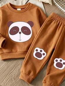 SHEIN 1套男嬰卡通動物印花保暖內裡圓領連帽衛衣搭配束腳褲，適合秋冬室內外玩耍 - 彩色 - 查看 6