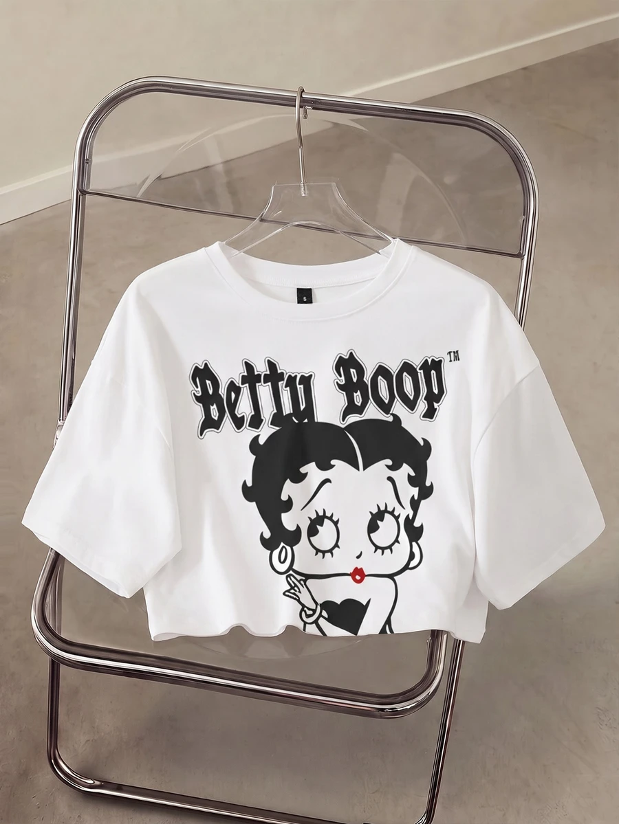 Betty Boop x SHEIN 女款性感卡通印花圓領短袖短版T恤 - 白色 - 查看 1