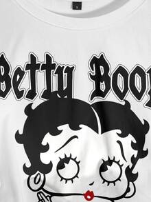 Betty Boop x SHEIN 女款性感卡通印花圓領短袖短版T恤 - 白色 - 查看 5
