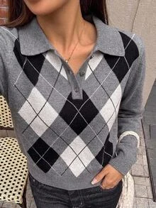 DAZY Women's Contrast Color Plaid Slim Fit Long Sleeve Polo Casual Vacation Spring Autumn Knit Sweater - Grey - View 9