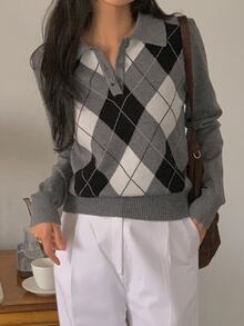 DAZY Women's Contrast Color Plaid Slim Fit Long Sleeve Polo Casual Vacation Spring Autumn Knit Sweater - Grey - View 5