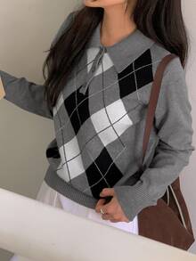 DAZY Women's Contrast Color Plaid Slim Fit Long Sleeve Polo Casual Vacation Spring Autumn Knit Sweater - Grey - View 7