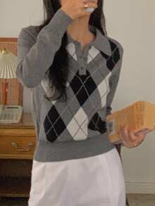 DAZY Women's Contrast Color Plaid Slim Fit Long Sleeve Polo Casual Vacation Spring Autumn Knit Sweater - Grey - View 2