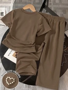 SHEIN Genkimix 女孩 T恤套裝 棕色電腦珍珠愛心短袖T恤 + 寬腿長褲套裝 可愛休閒夏季穿搭 7歲生日 - 棕色 - 查看 2