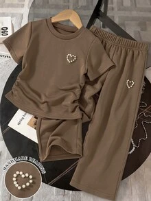 SHEIN Genkimix 女孩 T恤套裝 棕色電腦珍珠愛心短袖T恤 + 寬腿長褲套裝 可愛休閒夏季穿搭 7歲生日 - 棕色 - 查看 4