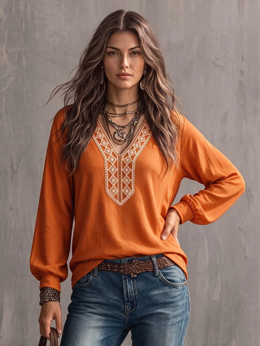 Glimmora Vintage Caramel Color Hollow Diamond Lace Long Sleeve Top, Loose Cuffed Lantern Sleeve V-Neck Base Layer, Autumn/Winter Outdoor Travel T-Shirt - Brown - View 1