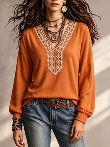 Glimmora Vintage Caramel Color Hollow Diamond Lace Long Sleeve Top, Loose Cuffed Lantern Sleeve V-Neck Base Layer, Autumn/Winter Outdoor Travel T-Shirt - Brown - View 6