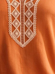 Glimmora Vintage Caramel Color Hollow Diamond Lace Long Sleeve Top, Loose Cuffed Lantern Sleeve V-Neck Base Layer, Autumn/Winter Outdoor Travel T-Shirt - Brown - View 3