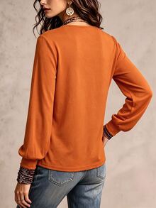 Glimmora Vintage Caramel Color Hollow Diamond Lace Long Sleeve Top, Loose Cuffed Lantern Sleeve V-Neck Base Layer, Autumn/Winter Outdoor Travel T-Shirt - Brown - View 5