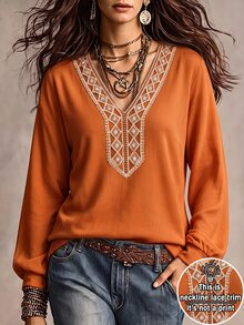 Glimmora Vintage Caramel Color Hollow Diamond Lace Long Sleeve Top, Loose Cuffed Lantern Sleeve V-Neck Base Layer, Autumn/Winter Outdoor Travel T-Shirt - Brown - View 8
