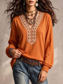 Glimmora Vintage Caramel Color Hollow Diamond Lace Long Sleeve Top, Loose Cuffed Lantern Sleeve V-Neck Base Layer, Autumn/Winter Outdoor Travel T-Shirt - Brown - View 7
