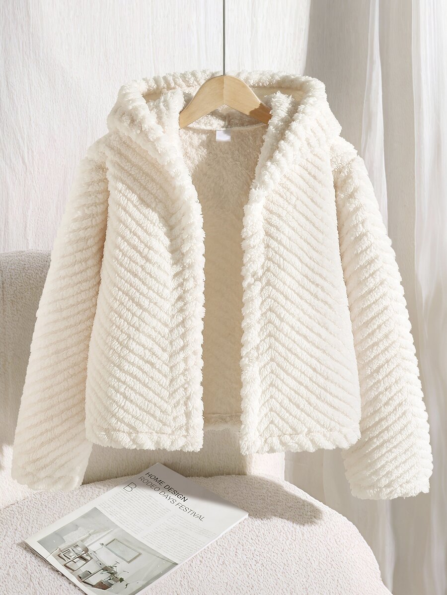 SHEIN 女童紋理提花布料抓絨外套，長袖，秋冬新季返校季，假日穿搭