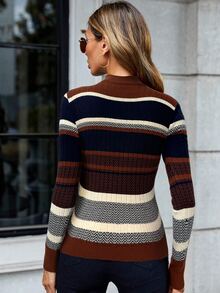 SHEIN LUNE Autumn/Winter High Neck Contrast Color Striped Casual Comfortable Pullover Sweater - Multicolor - View 7