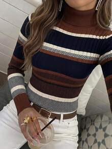 SHEIN LUNE Autumn/Winter High Neck Contrast Color Striped Casual Comfortable Pullover Sweater - Multicolor - View 1