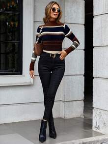 SHEIN LUNE Autumn/Winter High Neck Contrast Color Striped Casual Comfortable Pullover Sweater - Multicolor - View 3