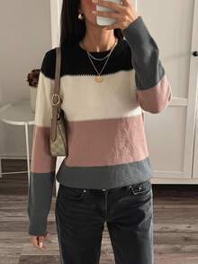 SHEIN LUNE Women's Striped Long Sleeve Sweater,Knitted Sweater In Fall/Winter,Fall And Winter Clothes - Pink - View 1
