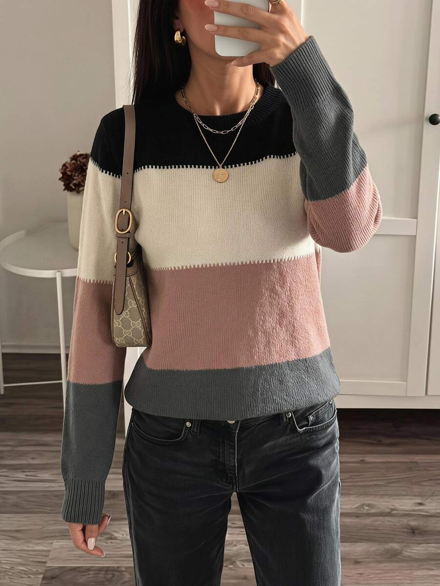 SHEIN LUNE Women's Striped Long Sleeve Sweater,Knitted Sweater In Fall/Winter,Fall And Winter Clothes - Pink - View 1