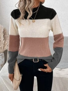 SHEIN LUNE Women's Striped Long Sleeve Sweater,Knitted Sweater In Fall/Winter,Fall And Winter Clothes - Pink - View 4