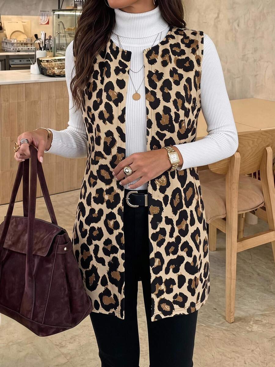 Easowa Sleeveless Vintage Leopard Print Knit Vest Cardigan For Women In Fall/Winter - Coffee Brown - View 1