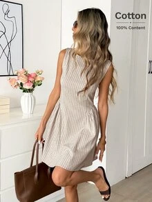 Easowa 女款淺米色夏季優雅法式茶會野餐條紋陽光裙 無袖腰部抓褶A字收腰低腰線復古洋裝 - 彩色 - 查看 2
