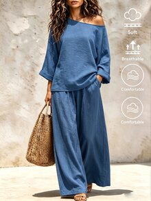 SHEIN Setelan Dua Potong Wanita Bahan Denim Imitasi Model Off-Shoulder dan Celana Panjang Lebar, Set Kasual untuk Musim Semi dan Musim Panas - Biru - View 6