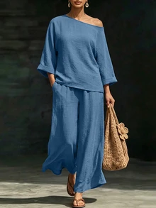 SHEIN Setelan Dua Potong Wanita Bahan Denim Imitasi Model Off-Shoulder dan Celana Panjang Lebar, Set Kasual untuk Musim Semi dan Musim Panas - Biru - View 5